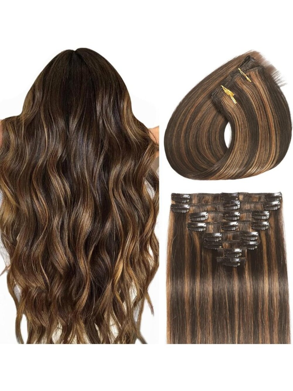 Seamless Clip-In Hair Extensions - 16" Real Human Hair, Dark Brown Balayage
